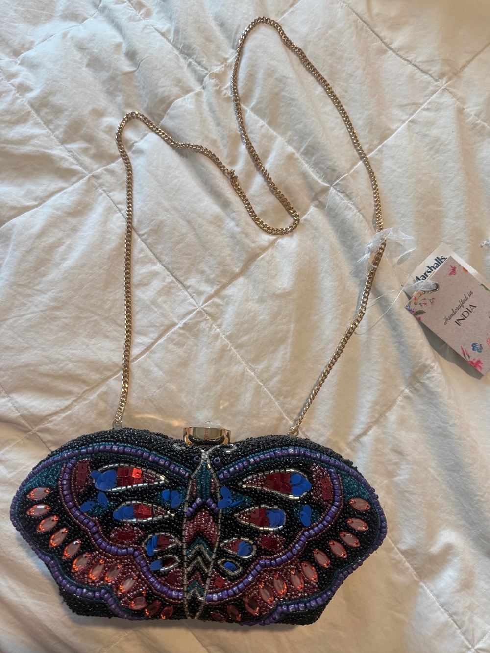 Beaded Butterfly Clutch Bag Jewel Tone Evening Purse Rhinestone
